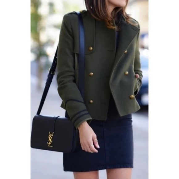 ZARA Green Army Jacket Pea Coat Wool Double Breasted Jacket Military Small - Picture 5 of 16